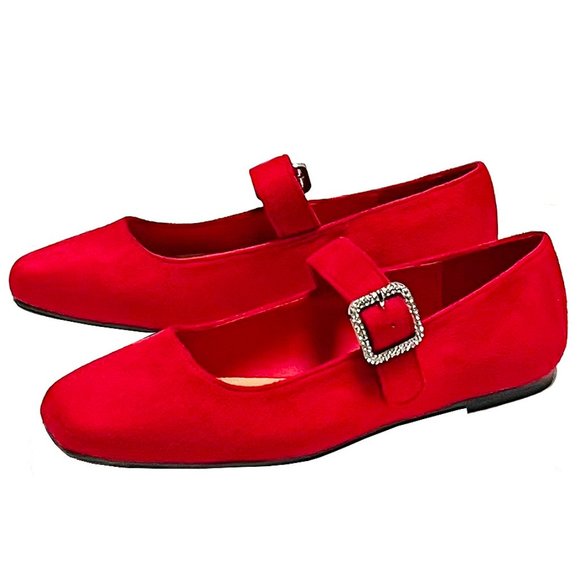 New Women Red Square Toe Mary Jane Ballet Flats - Picture 1 of 8